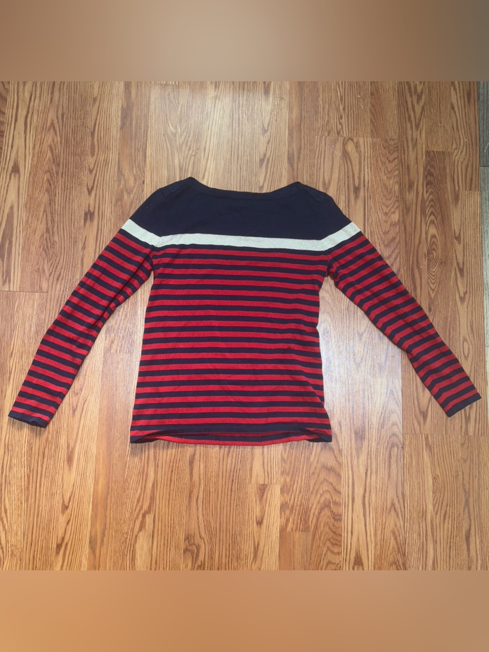 Tommy Hilfiger Red & Black Striped Crewneck Sweater with Cream Yoke. Size S.